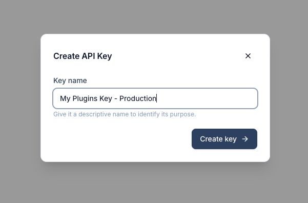 Create API Key dialog with the key name field filled in