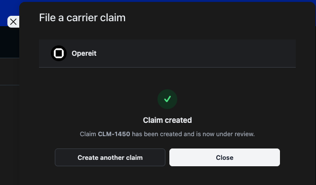 Claim created confirmation showing the new claim number