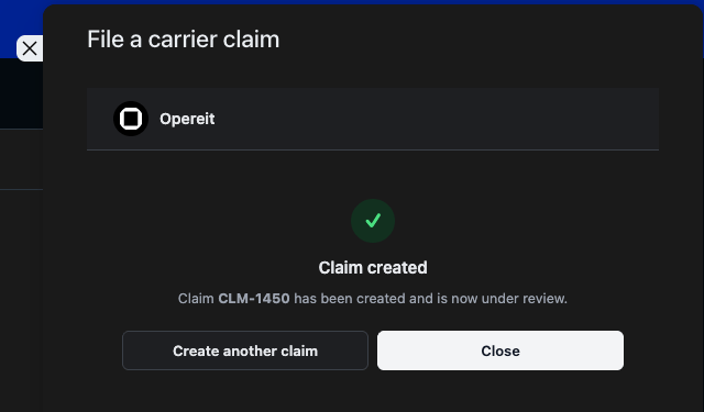 Claim created confirmation showing the new claim number
