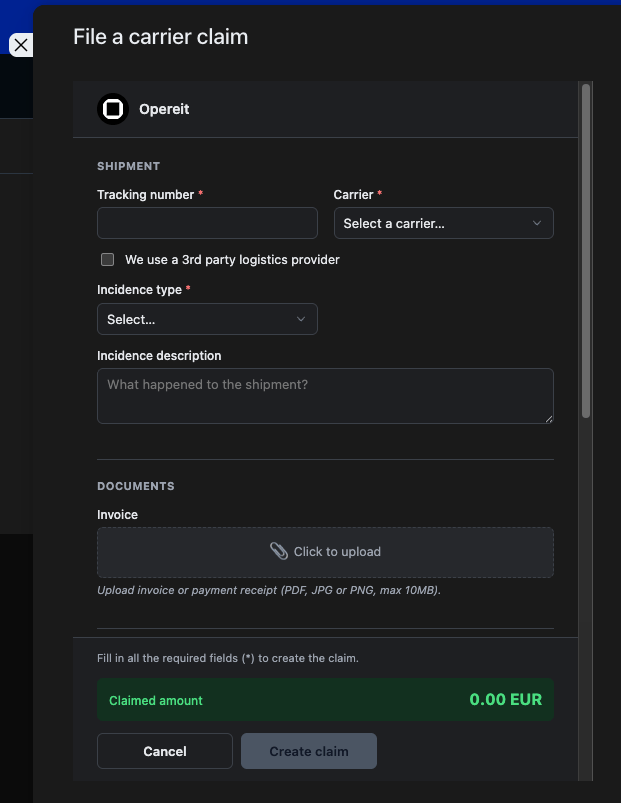 The claim form window with the Shipment and Documents sections, ready to fill in