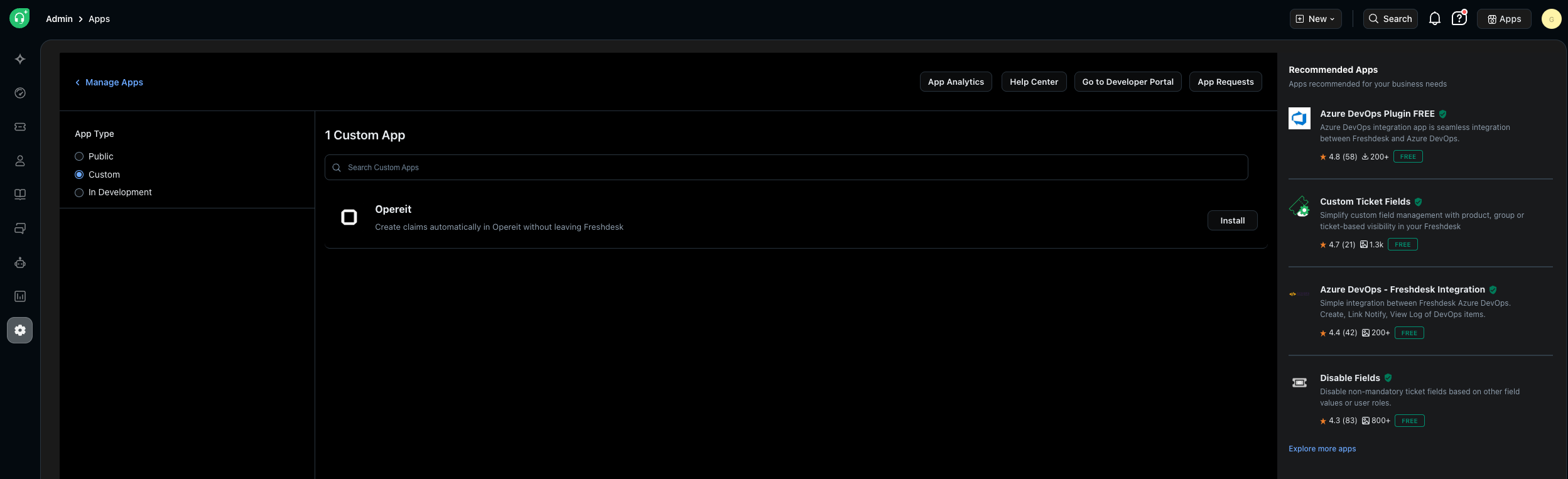 Freshdesk Admin Apps page listing the Opereit custom app with an Install button