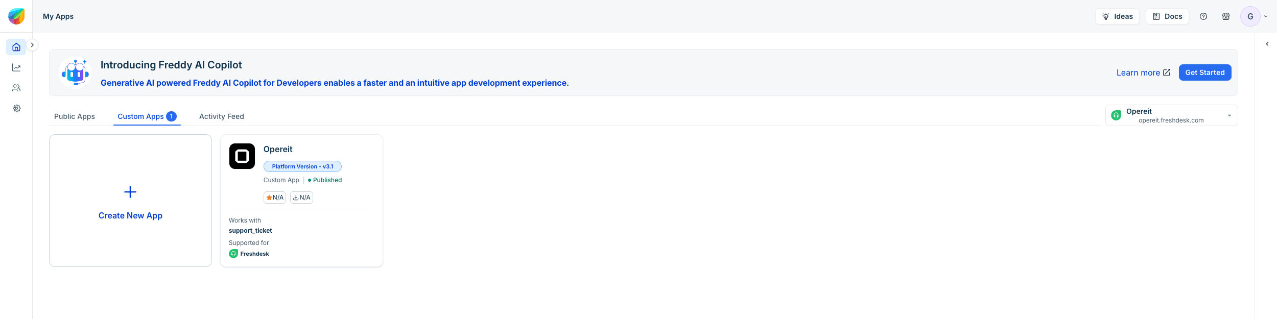 Freshworks developer account with the Custom Apps tab selected and the Create New App button
