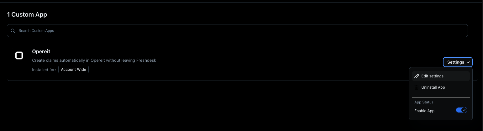 Opereit in the custom apps list with the Settings menu open and Edit settings highlighted