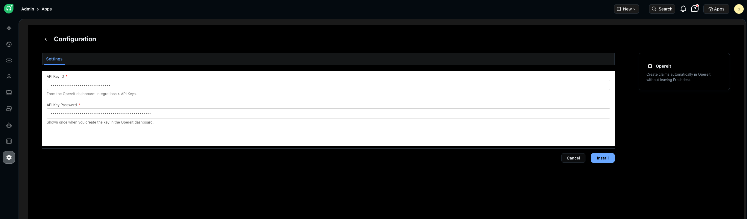 Opereit configuration page with API Key ID and API Key Password fields