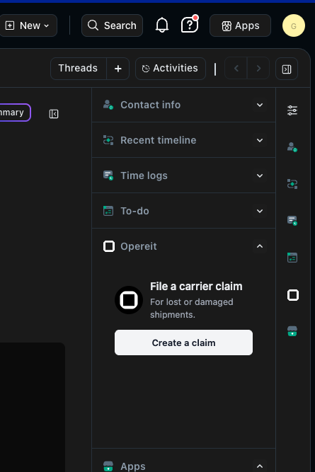 Opereit card in the Freshdesk ticket sidebar with a Create a claim button