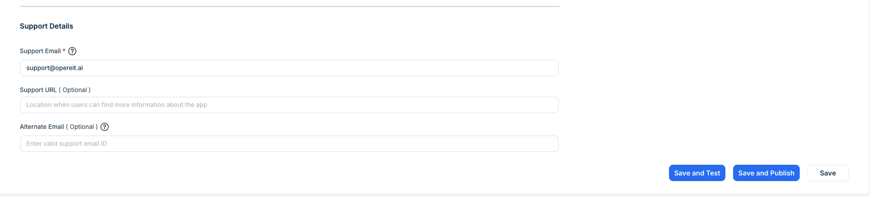 Support Details section with the support email filled in and the Save and Publish button