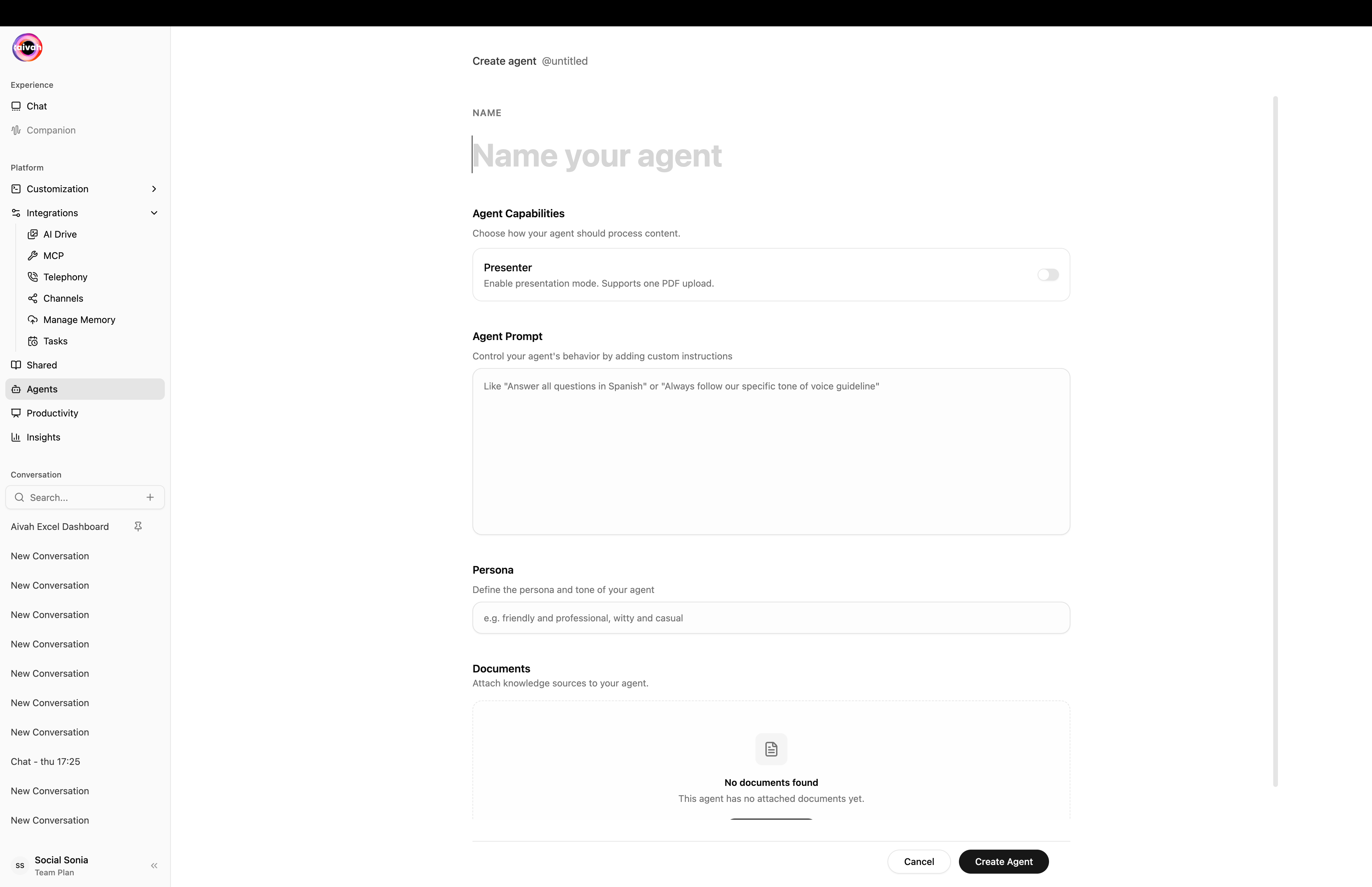 Create agent form