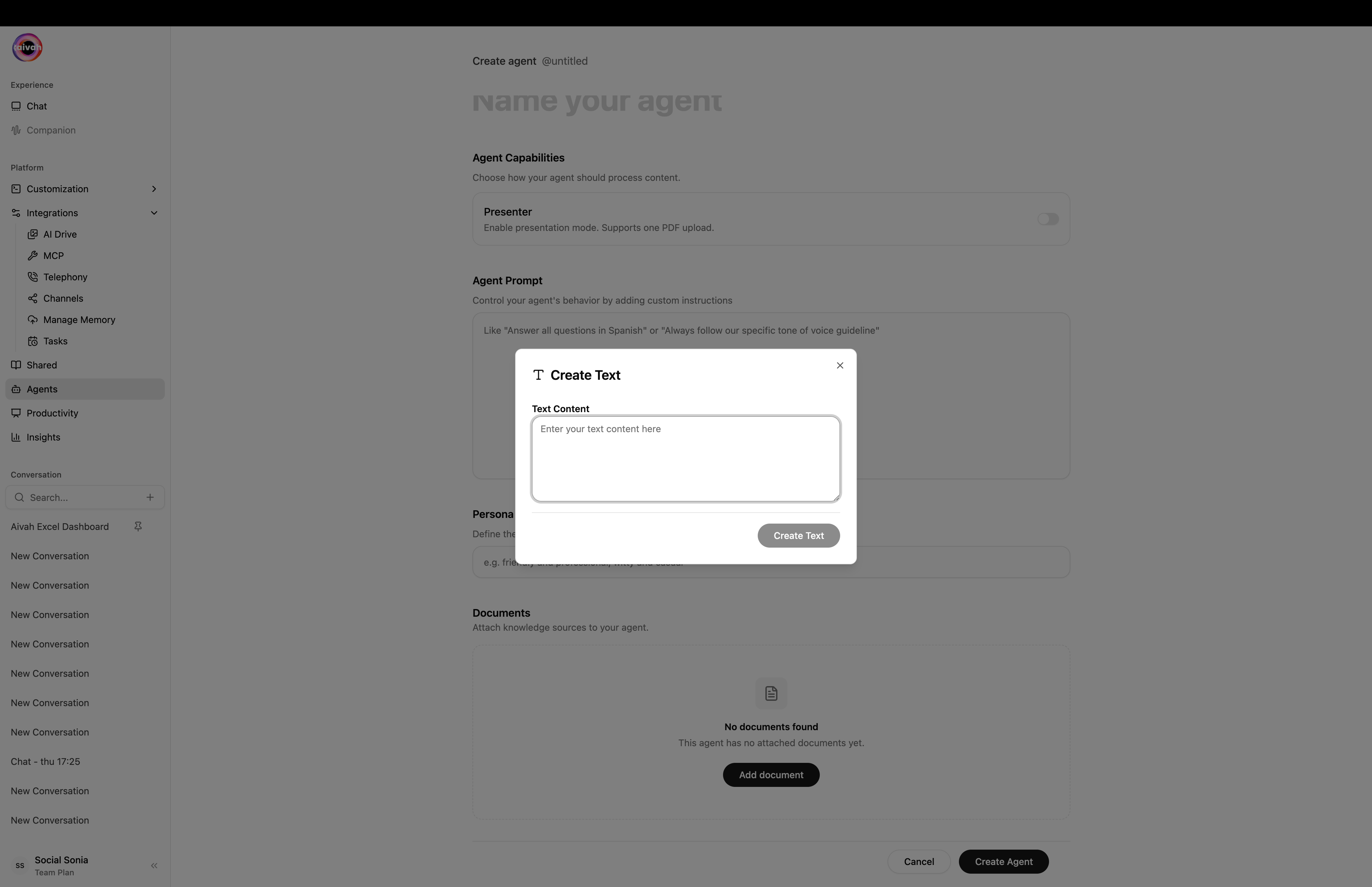 Create Text modal