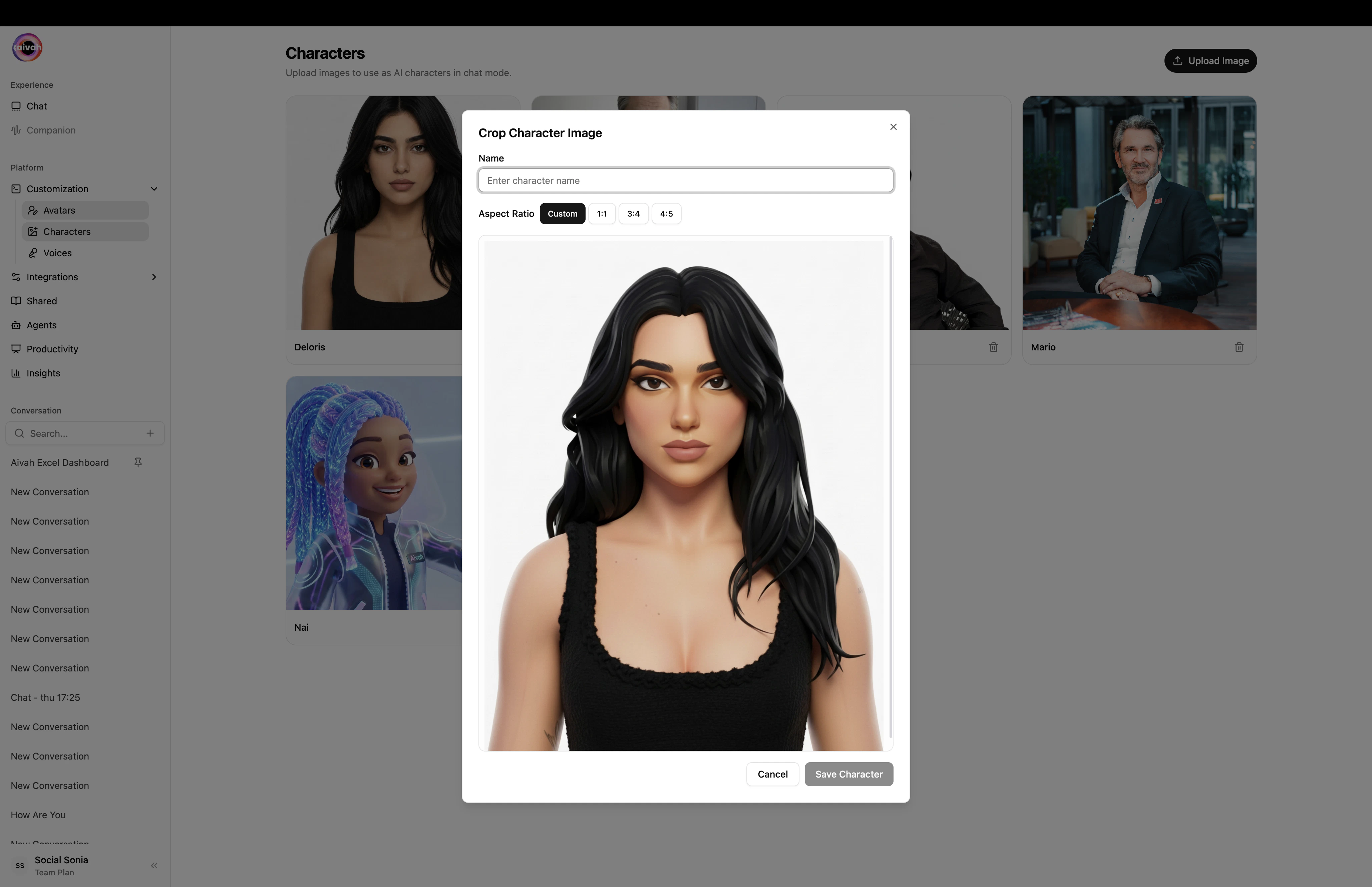 Crop character image modal