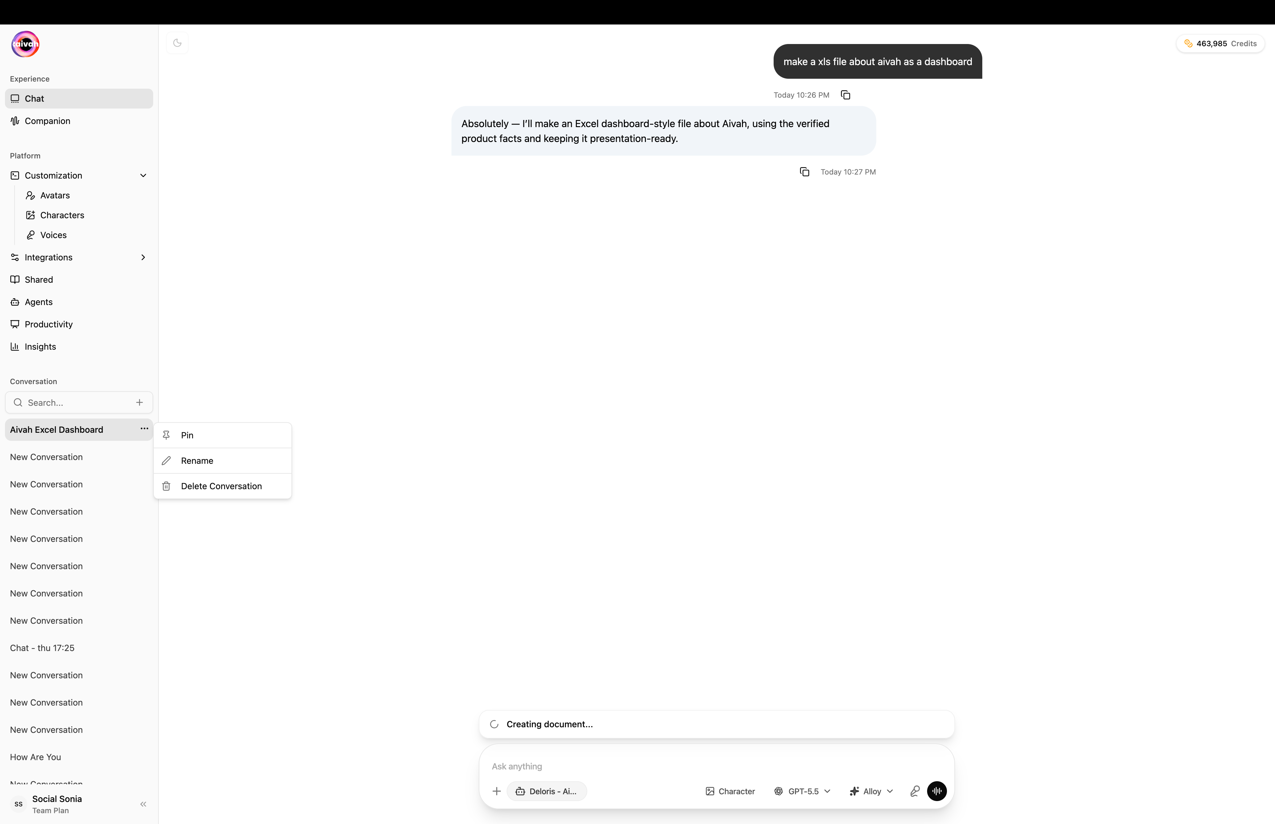 Conversation actions menu