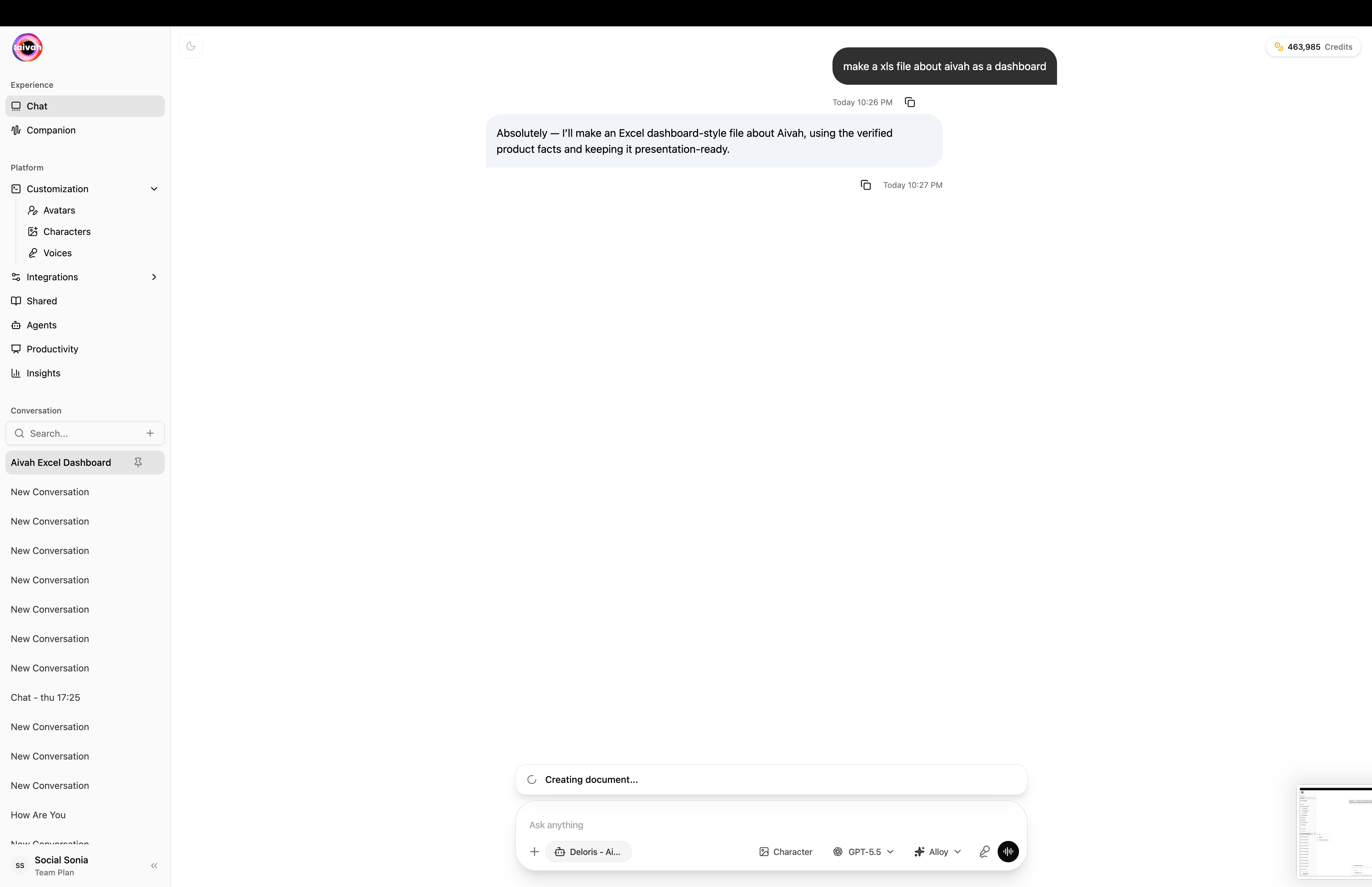Pinned conversation with preview