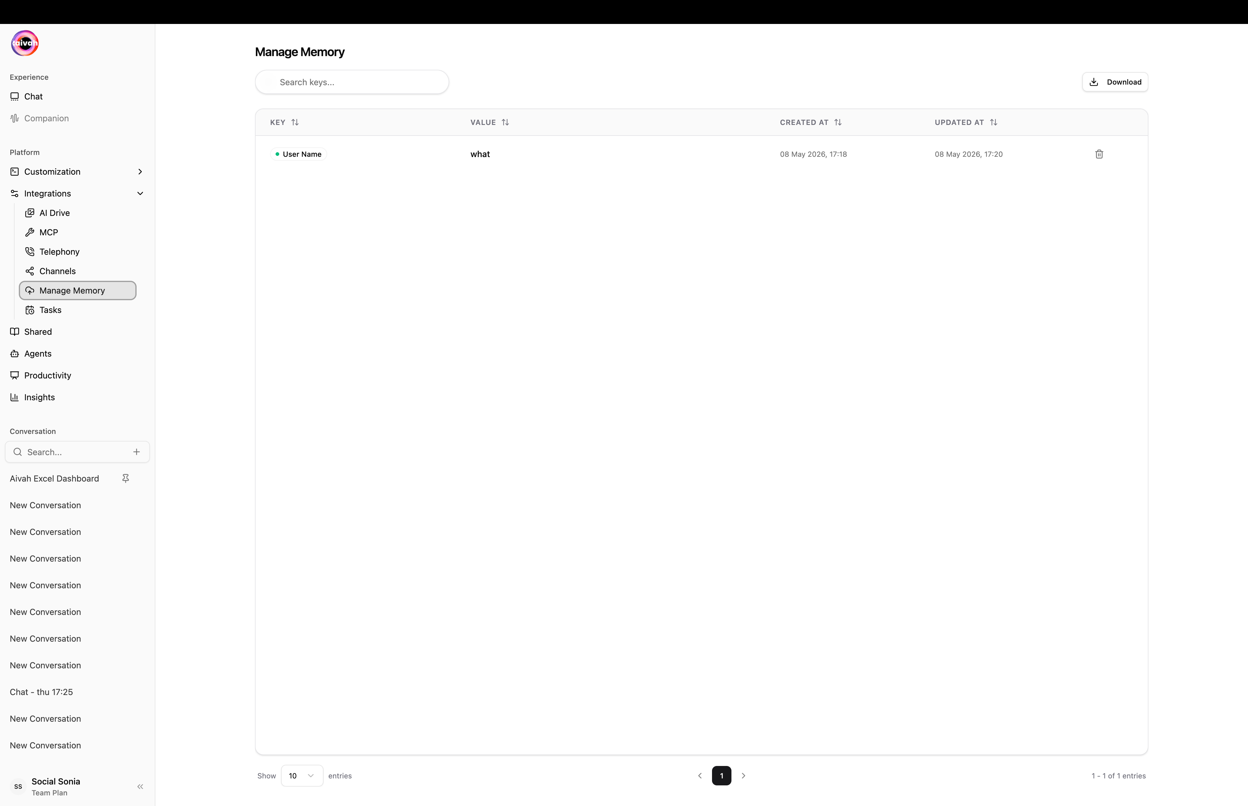 Manage Memory page