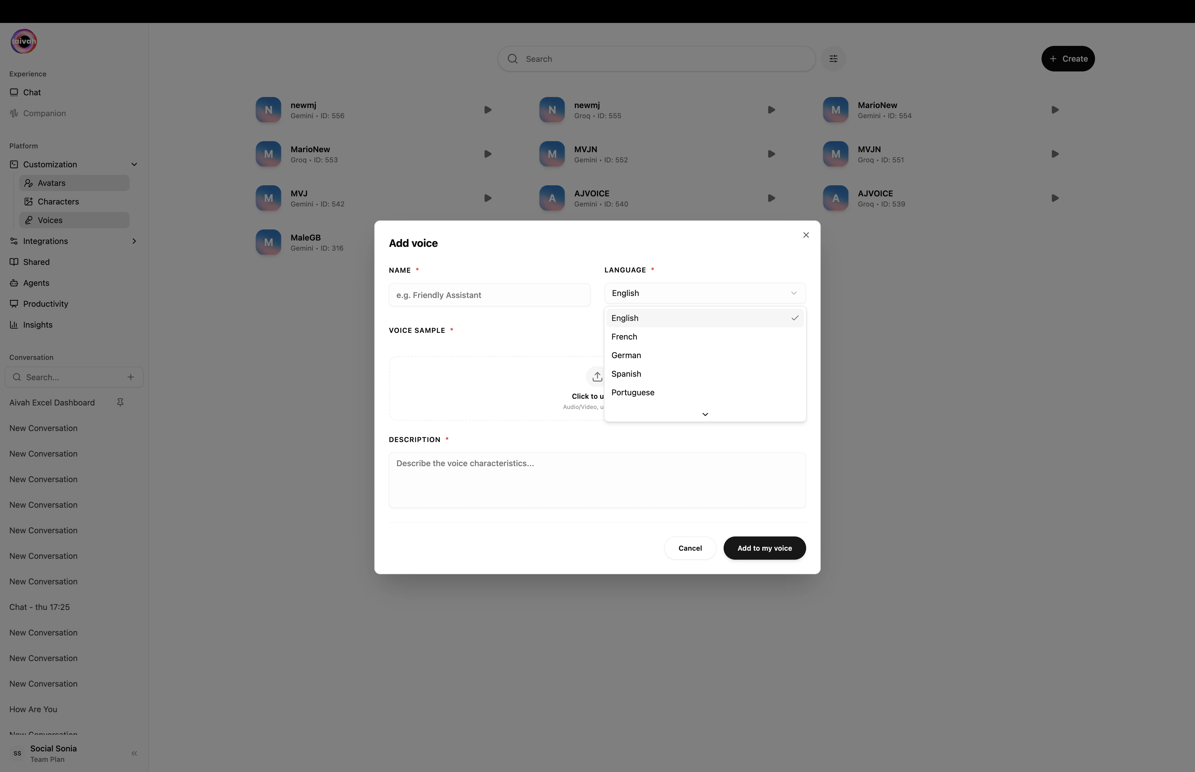Voice clone language picker