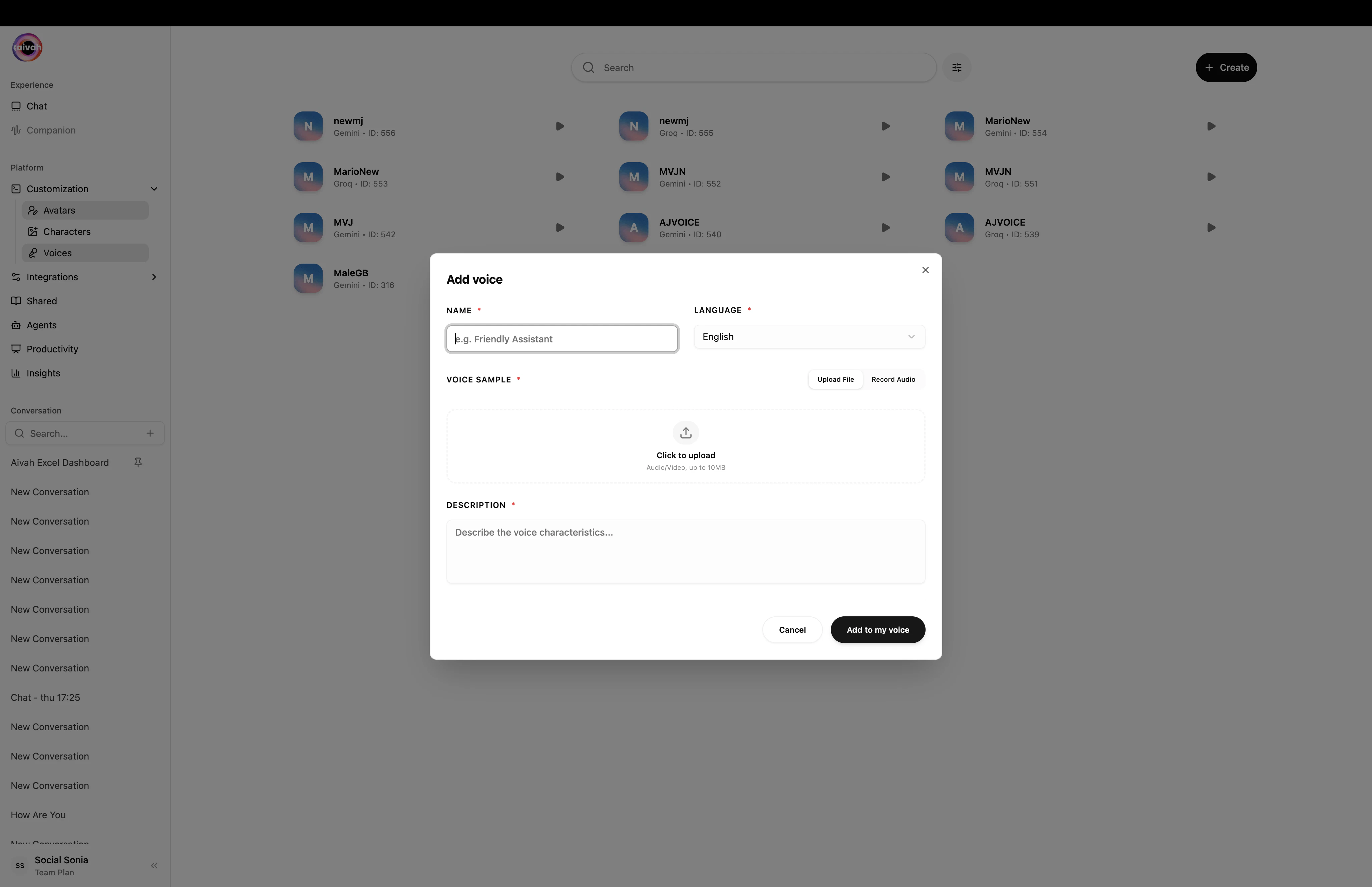 Add voice modal