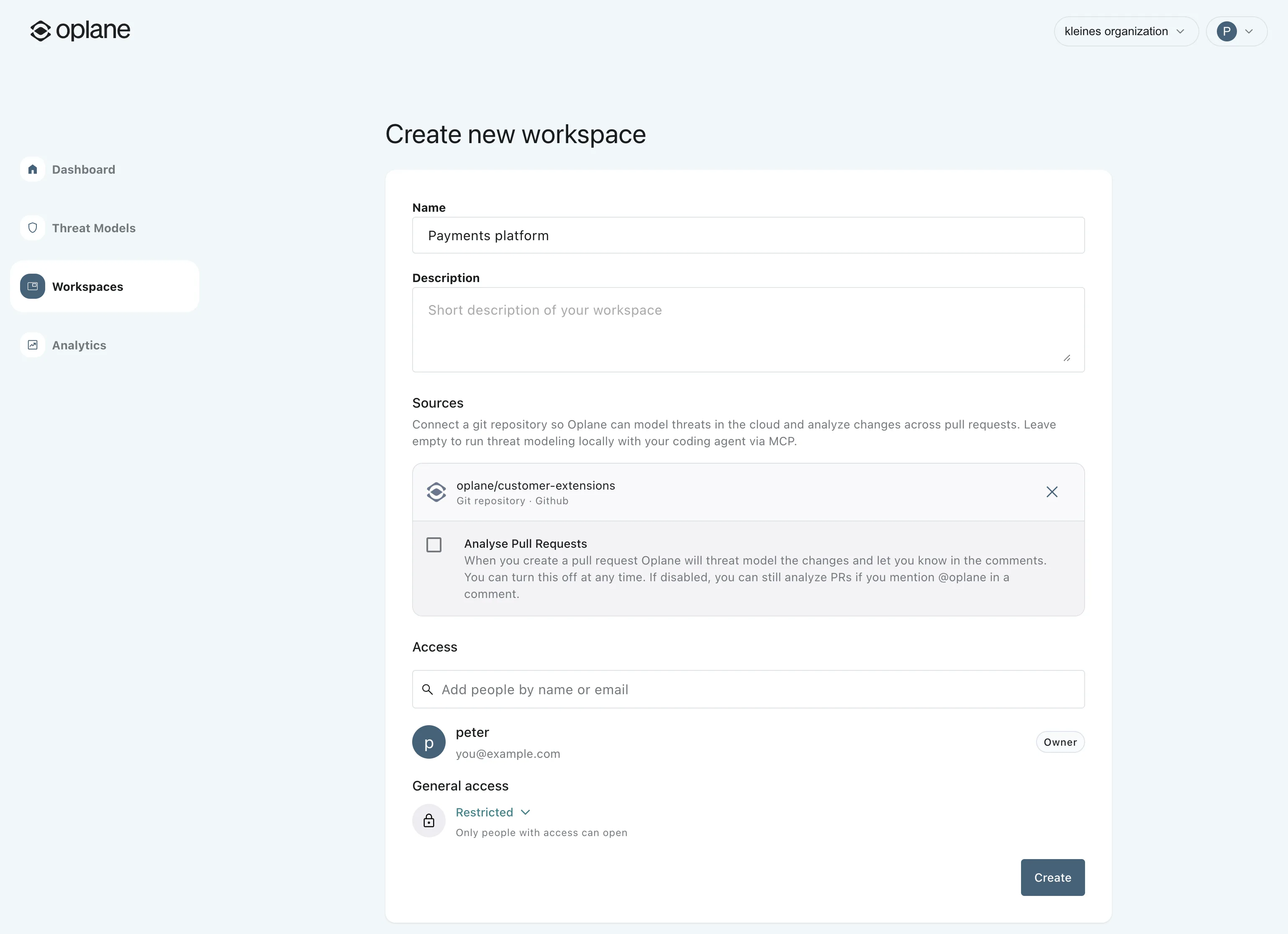 Configure pull request analysis and access, then create the workspace