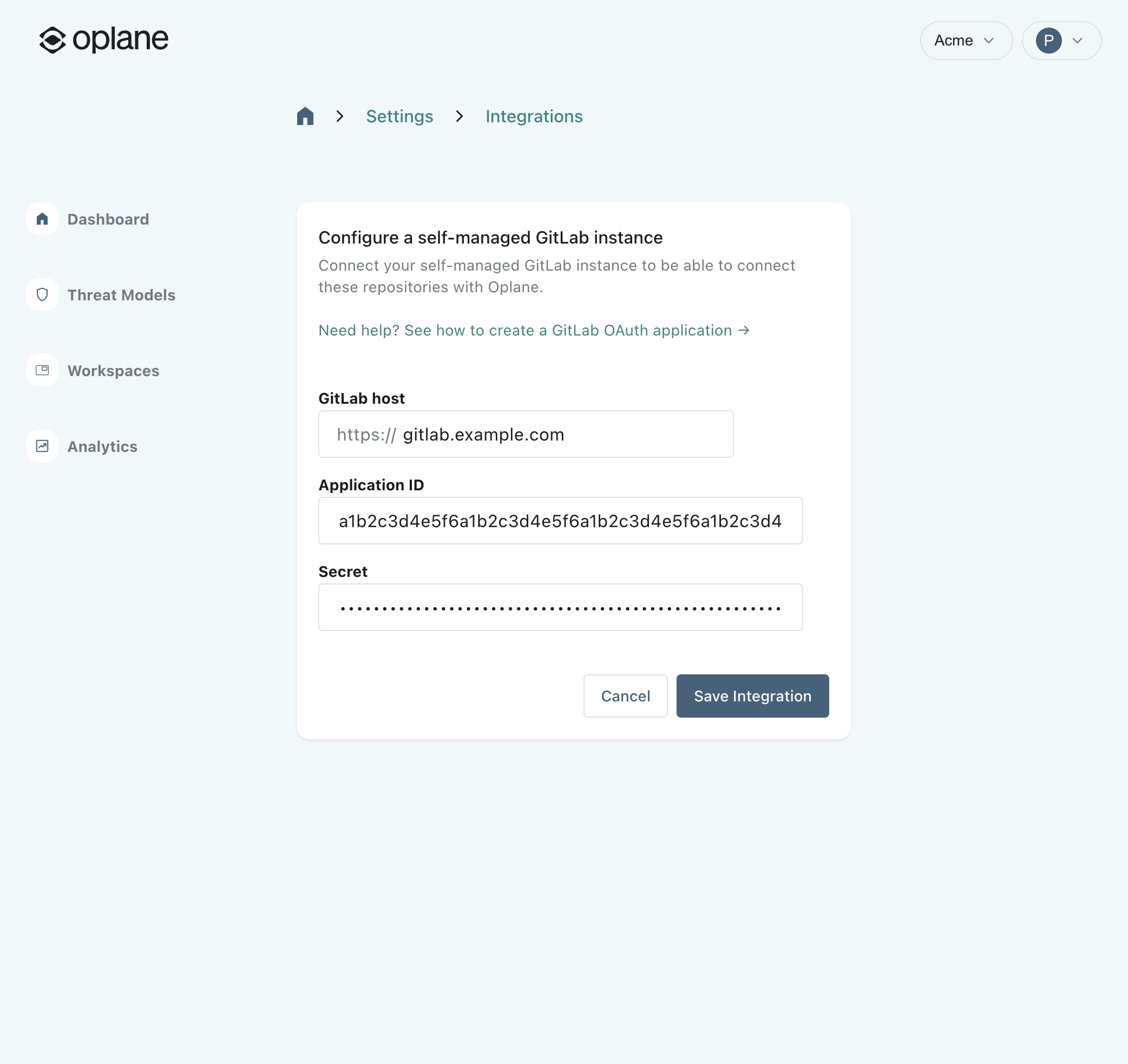 Self-managed GitLab configuration form with host, application ID, and secret filled in
