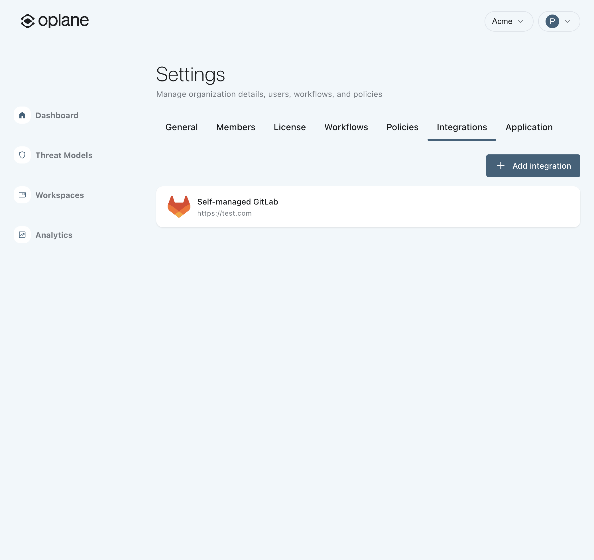 Integrations tab showing a connected self-managed GitLab instance