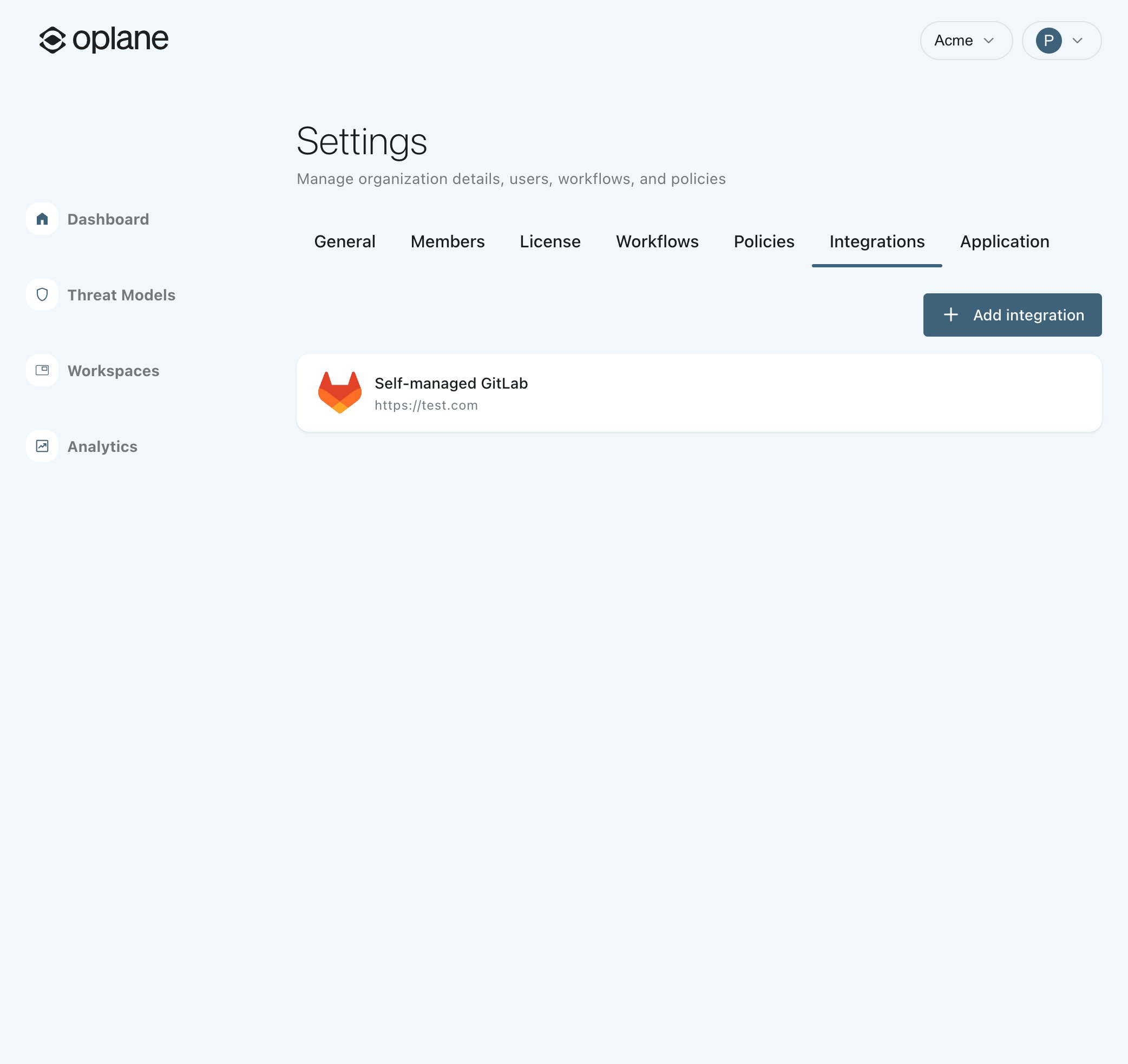 Integrations tab showing a connected self-managed GitLab instance