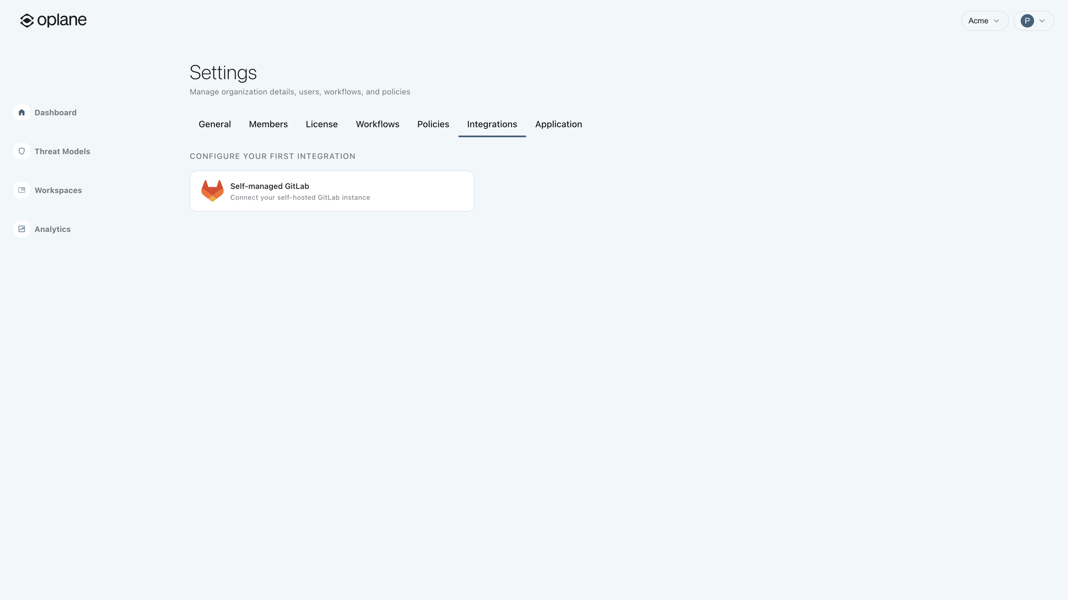 Integrations tab in organisation settings showing the Self-managed GitLab option