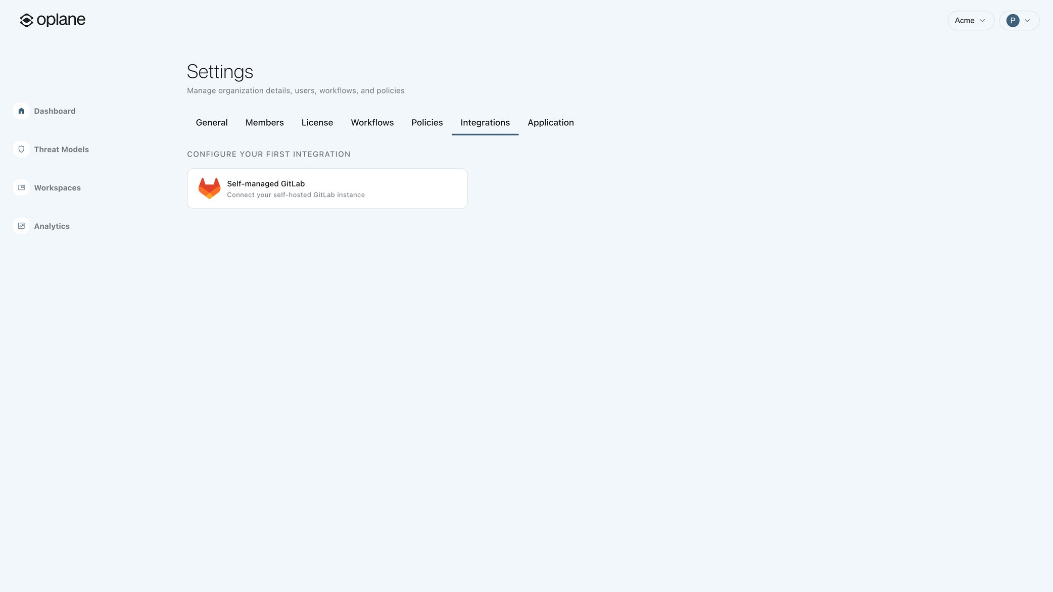 Integrations tab in organisation settings showing the Self-managed GitLab option