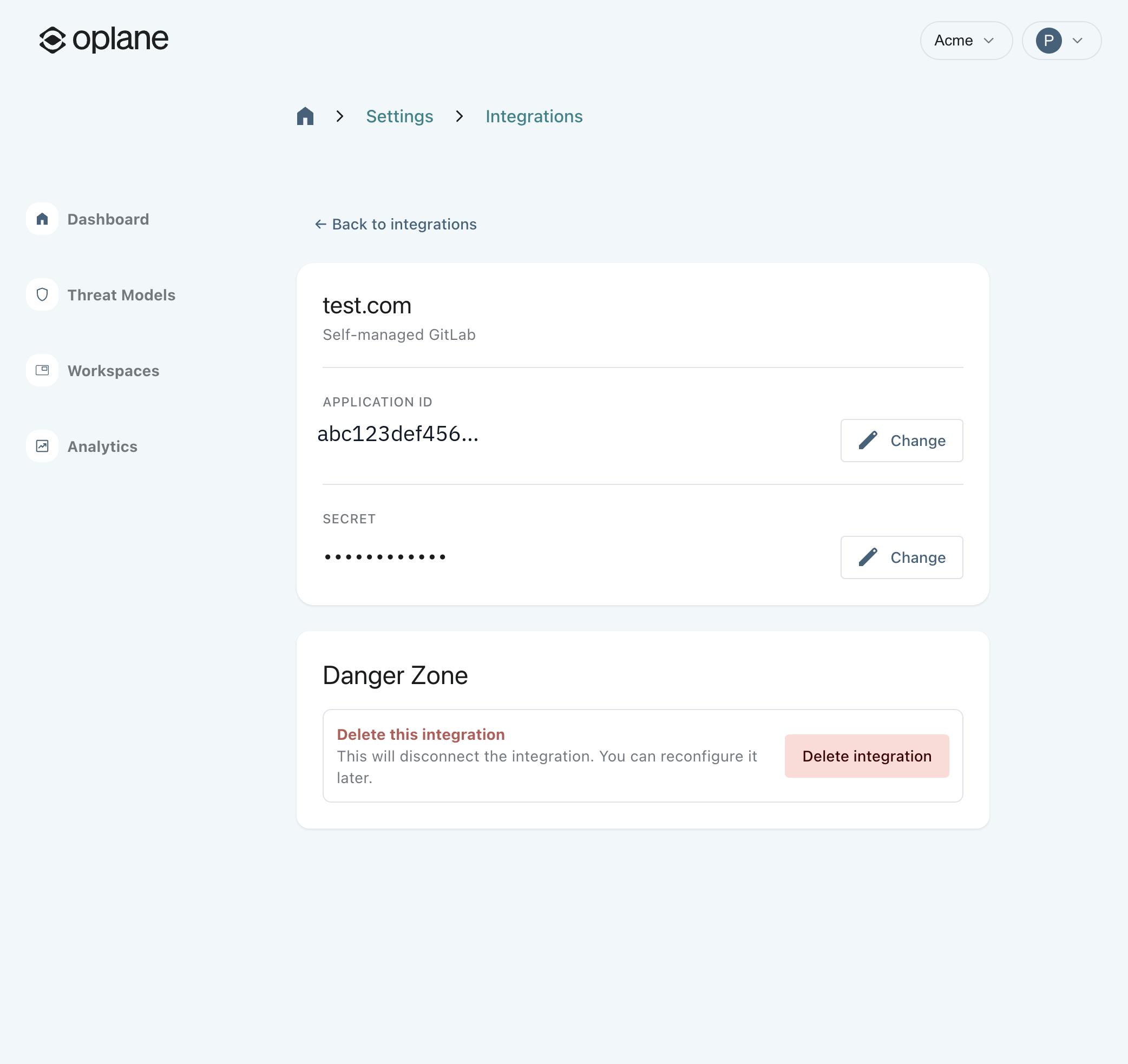 Self-managed GitLab integration detail page with application ID, secret, and Danger Zone