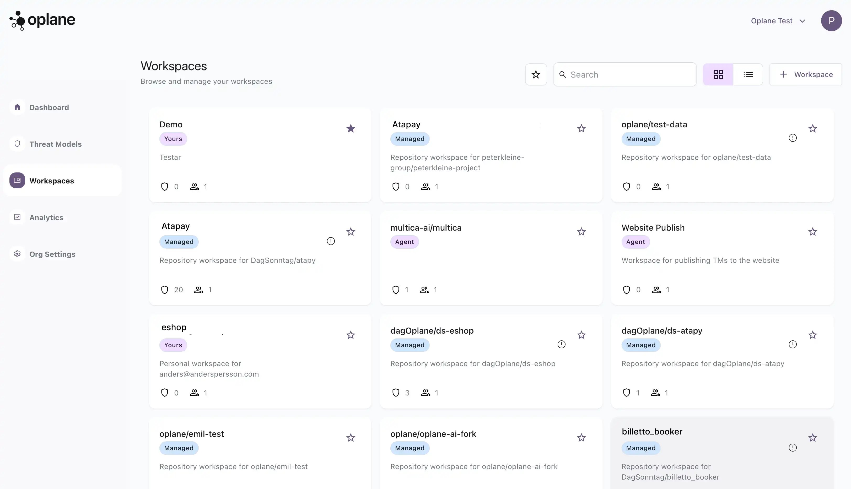 Oplane Workspaces page