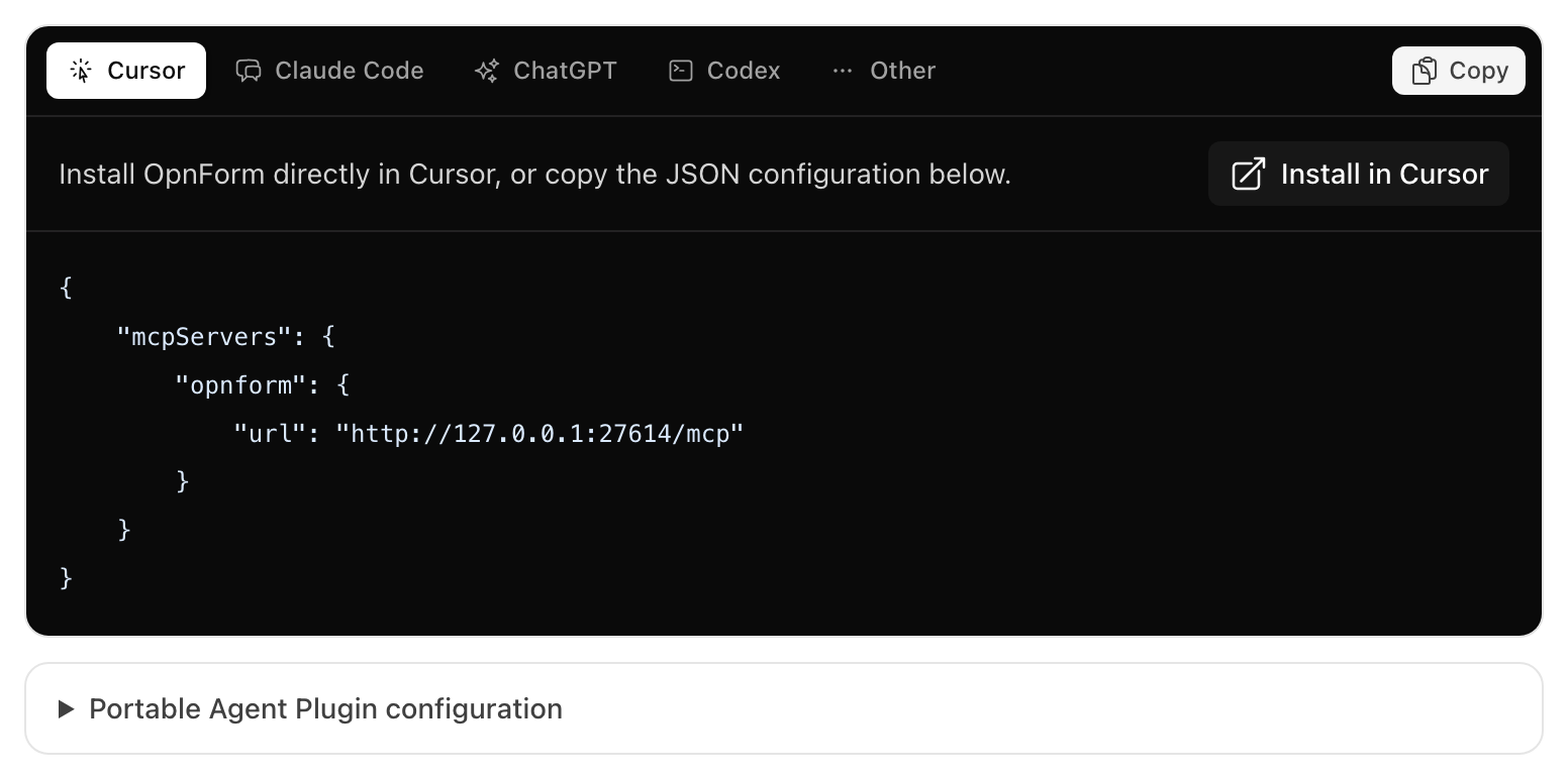 Select an AI client and copy its generated MCP configuration