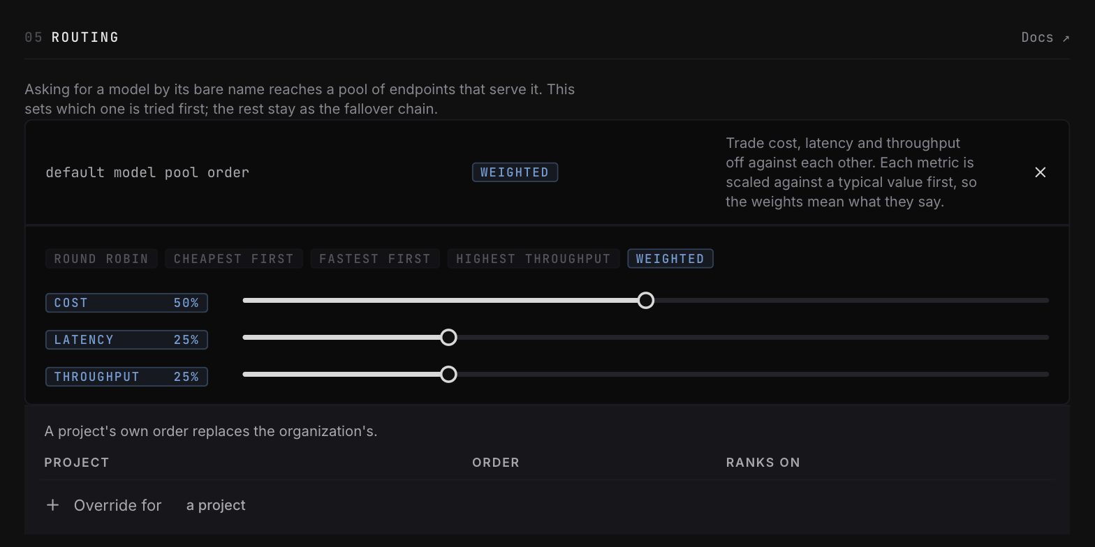 The Routing section with a weighted pool order: cost 50, latency 25, throughput 25