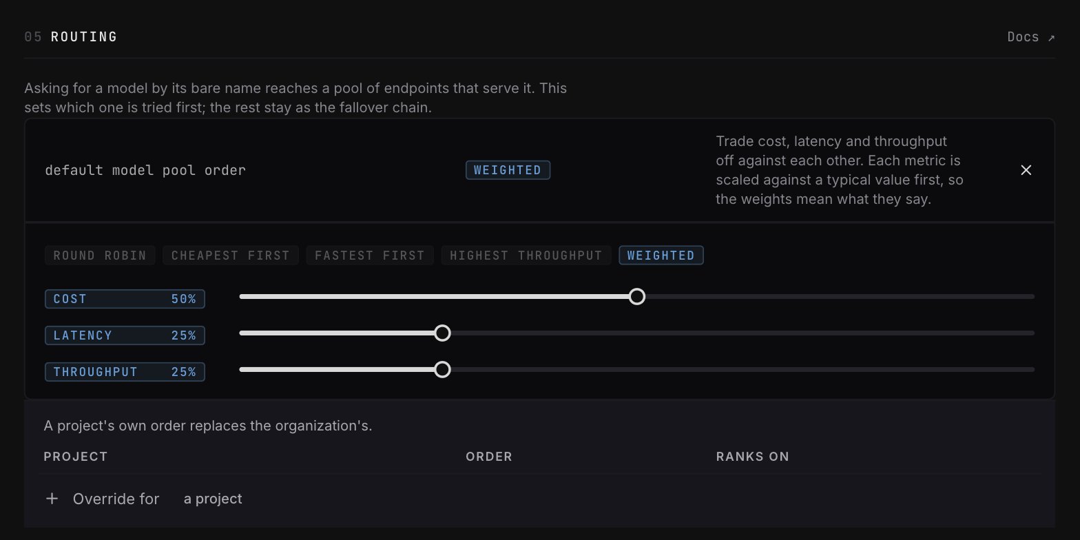 The Routing section with a weighted pool order: cost 50, latency 25, throughput 25