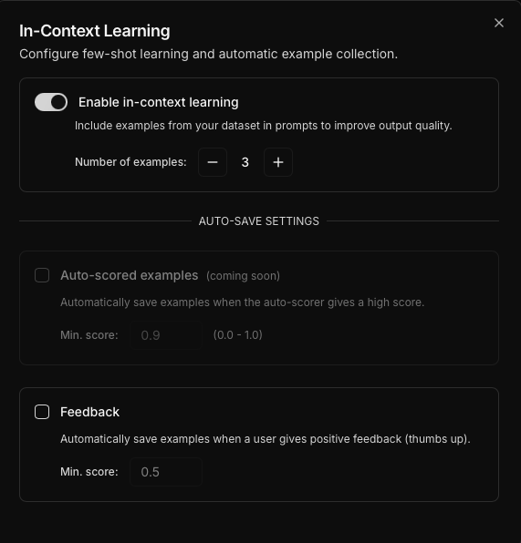 In-context learning settings in platform