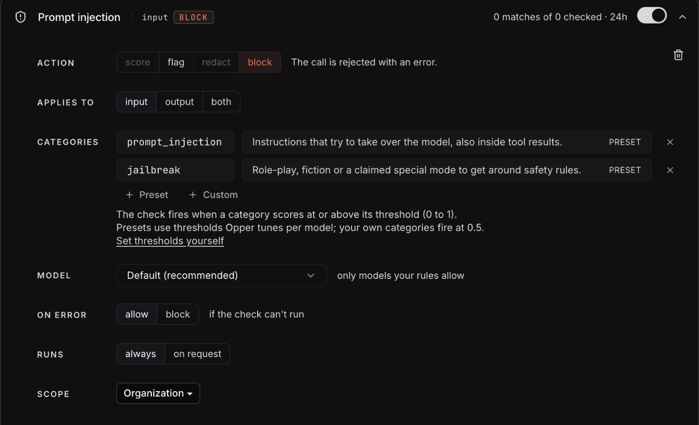 A fast check with its categories, model, and on-error setting