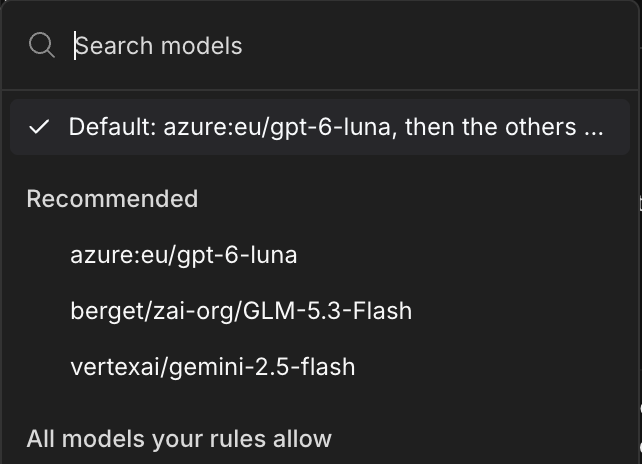The model picker: Default, the recommended models, then every model your rules allow
