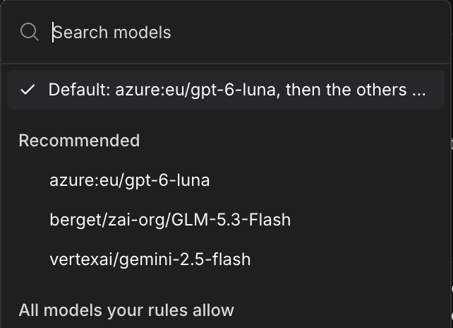 The model picker: Default, the recommended models, then every model your rules allow
