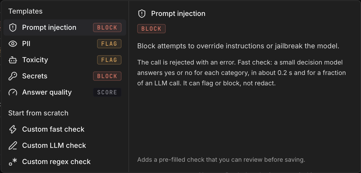 The New check picker with templates and a description pane