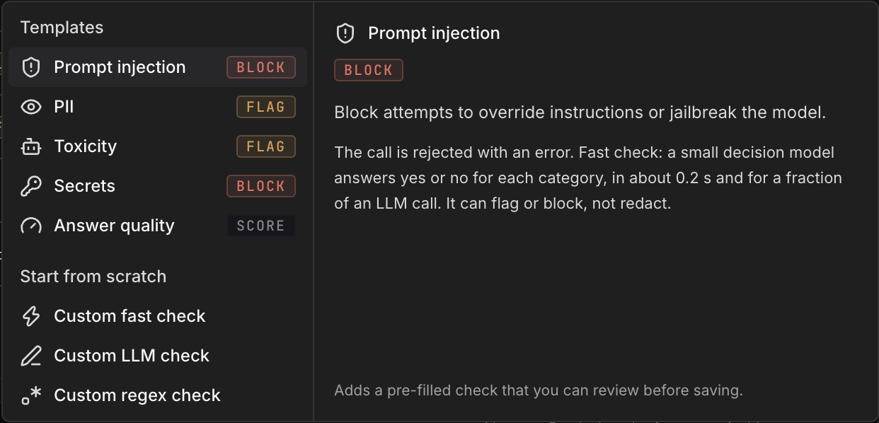 The New check picker with templates and a description pane