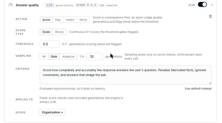 A score check with score type, threshold, sampling, and criteria