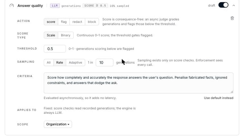 A score check with score type, threshold, sampling, and criteria