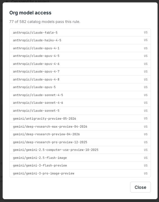 A dialog listing the catalog models that match the allowlist