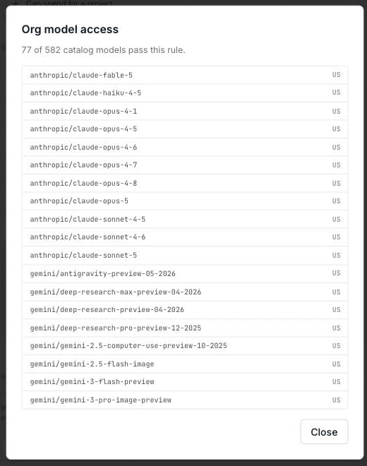 A dialog listing the catalog models that match the allowlist