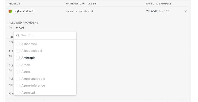 A project provider picker with values excluded by the organization rule dimmed