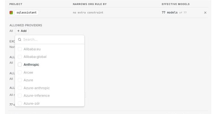 A project provider picker with values excluded by the organization rule dimmed