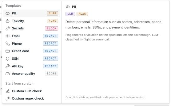 The New check picker with templates and a description pane