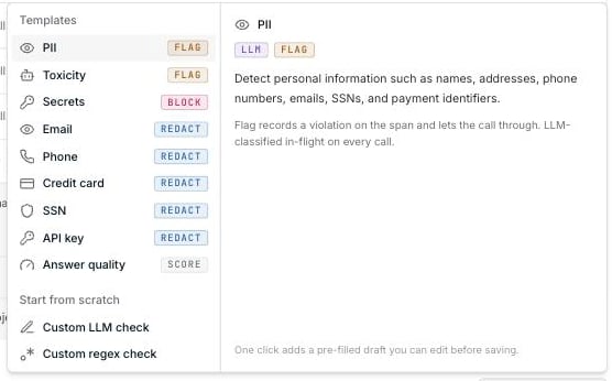 The New check picker with templates and a description pane