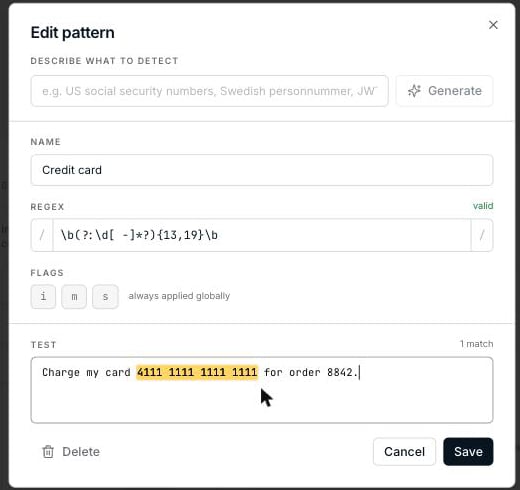 The regex pattern editor with validation and a match tester