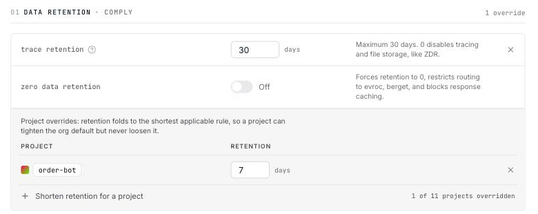 A 30-day organization retention rule with a 7-day project override