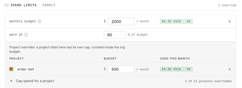 A $2,000 organization budget with a $500 project cap