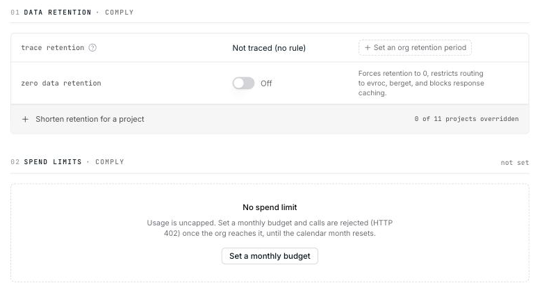 Data retention and spend limits before any rules are configured