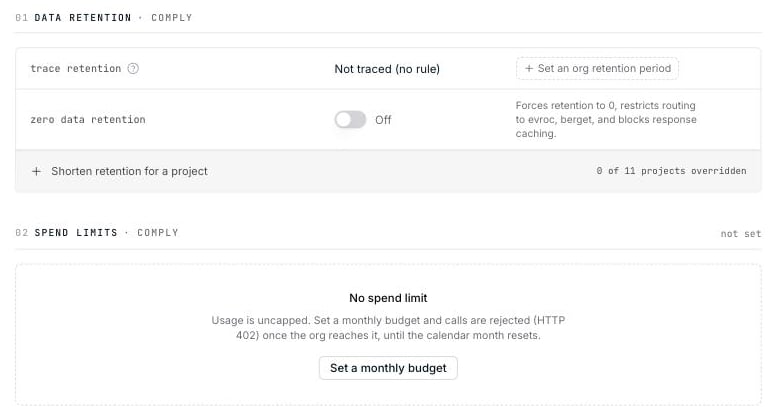 Data retention and spend limits before any rules are configured
