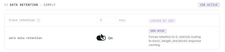 Zero Data Retention enabled with retention locked to 0 days