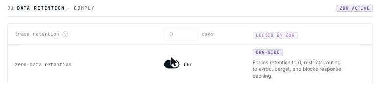 Zero Data Retention enabled with retention locked to 0 days